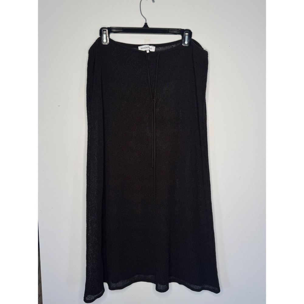 WeWoreWhat Black Open Knit Crochet Midi Skirt Cover Up XL Tassel Drawstring